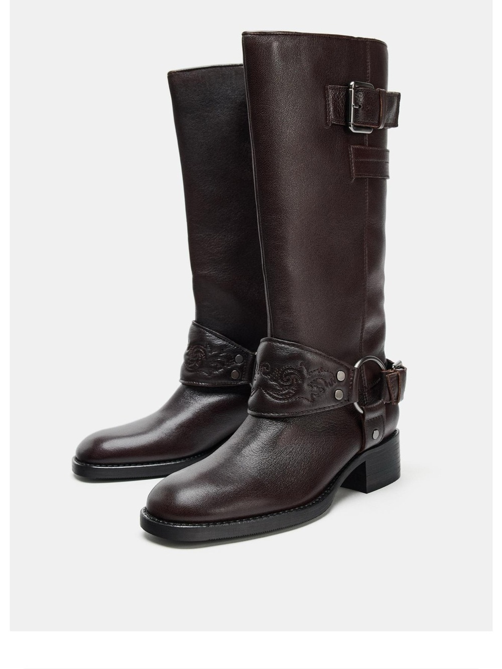 ZARA 100% LEATHER EMBROIDERED FLAT BOOTS